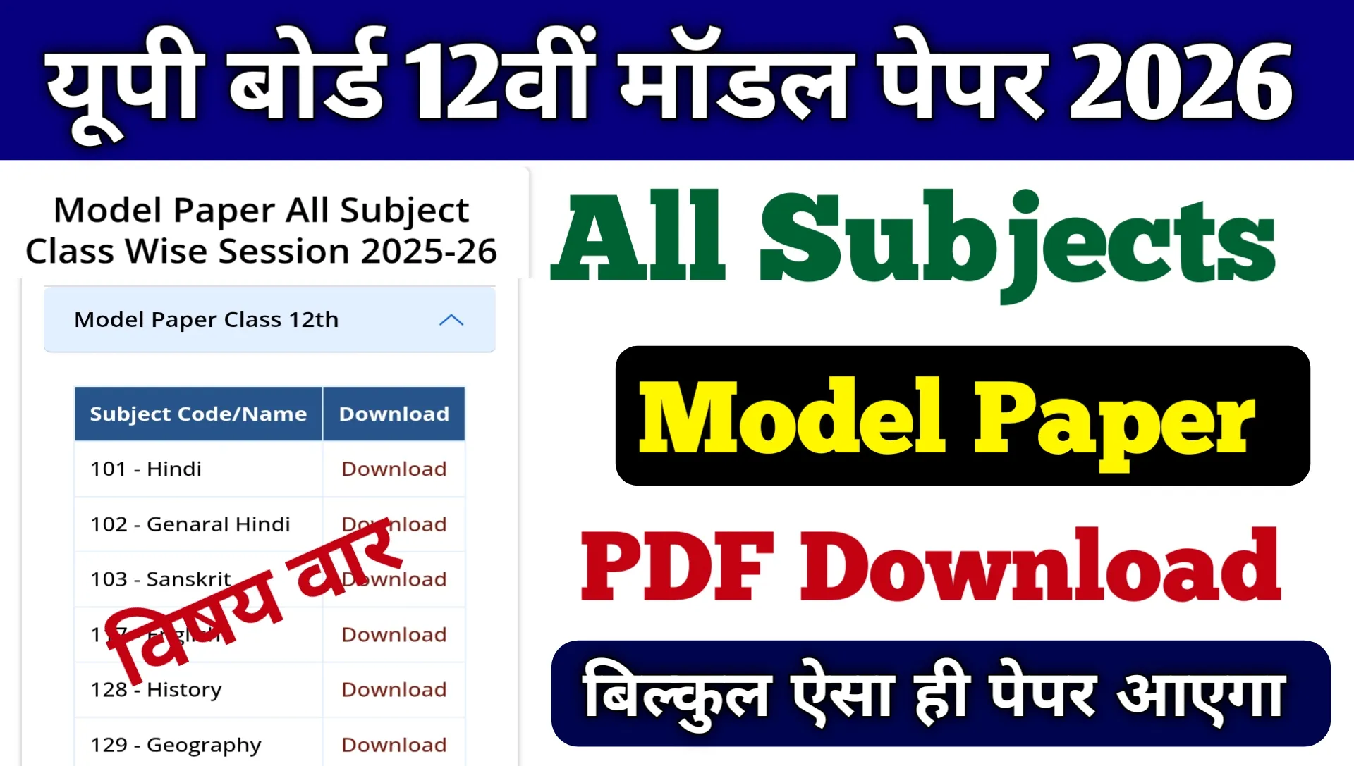 UPMSP Class 12th Model Paper 2026 PDF Download