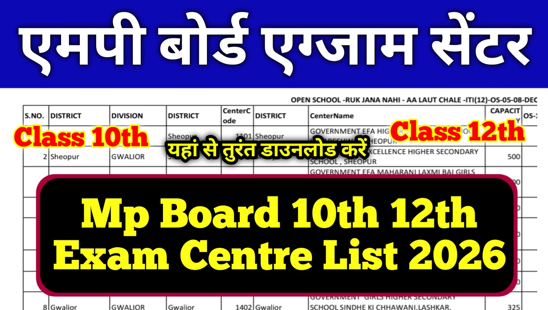 Mp Board Exam Centre List 2026