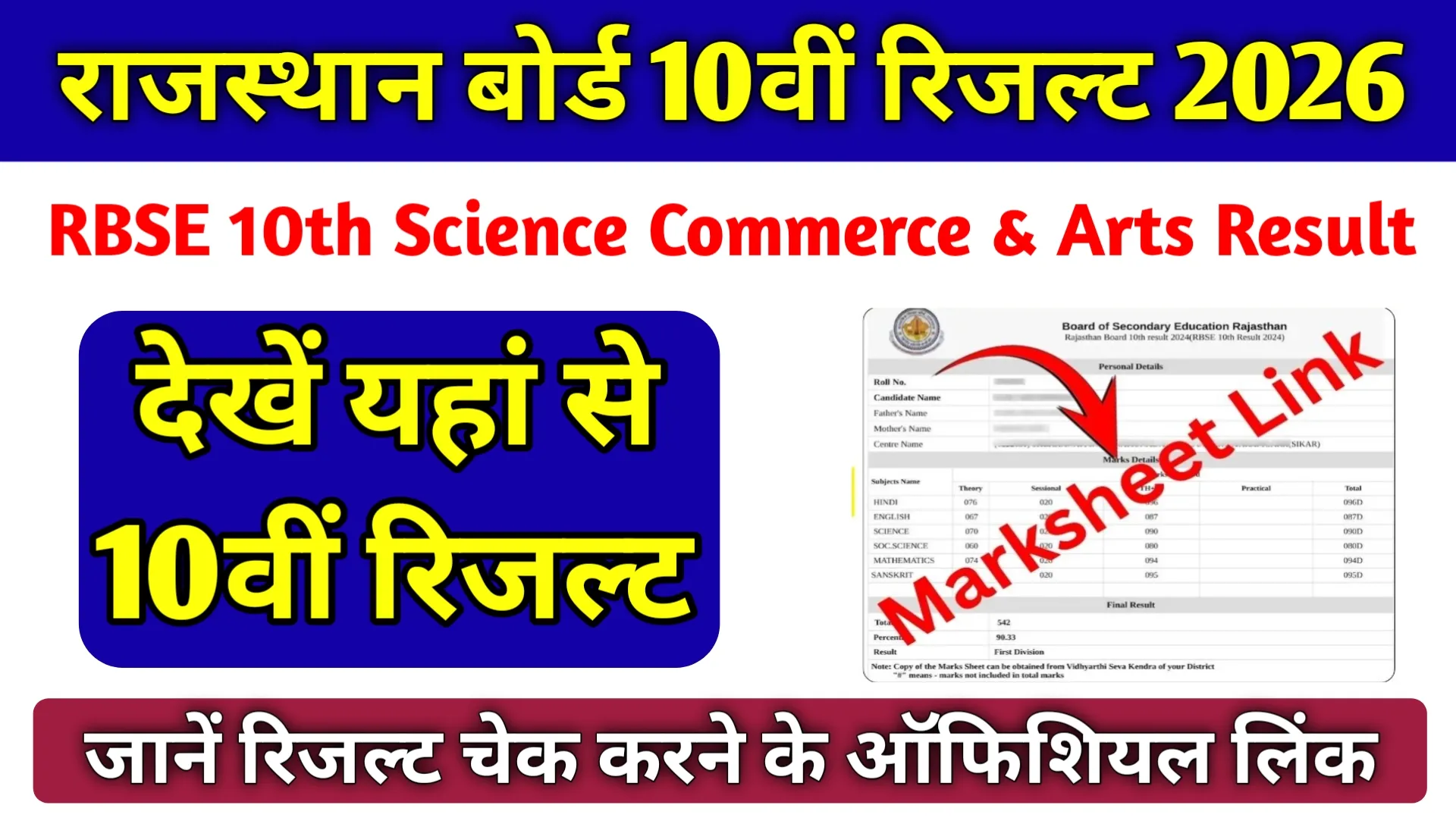 RBSE Rajasthan Board Class 10th Result 2026